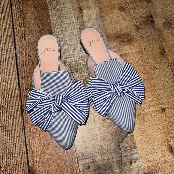 J.Crew Pointed Toe Mixed Stripe Bow Slides Blue White Mules Flats Fabric 7.5 - Picture 7 of 12